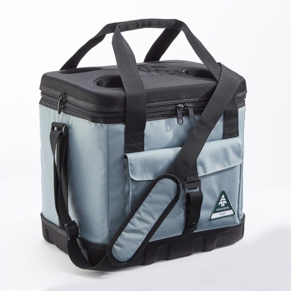 Insulated soft cooler with a black top lid, light blue body, top handles, and a shoulder strap. Top zipper runs along the lid edge.