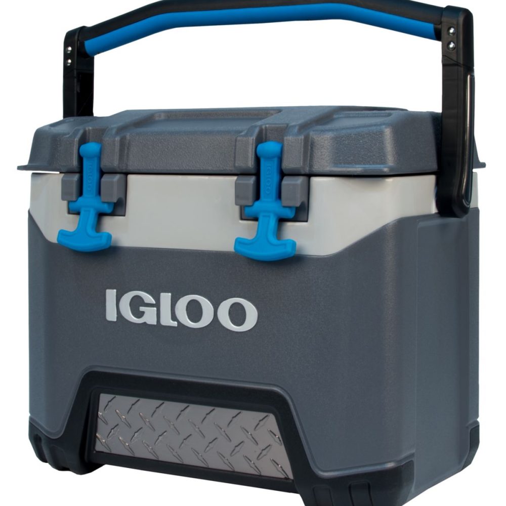 Igloo cooler in dark gray with blue latches and a blue padded handle on top, ready to carry