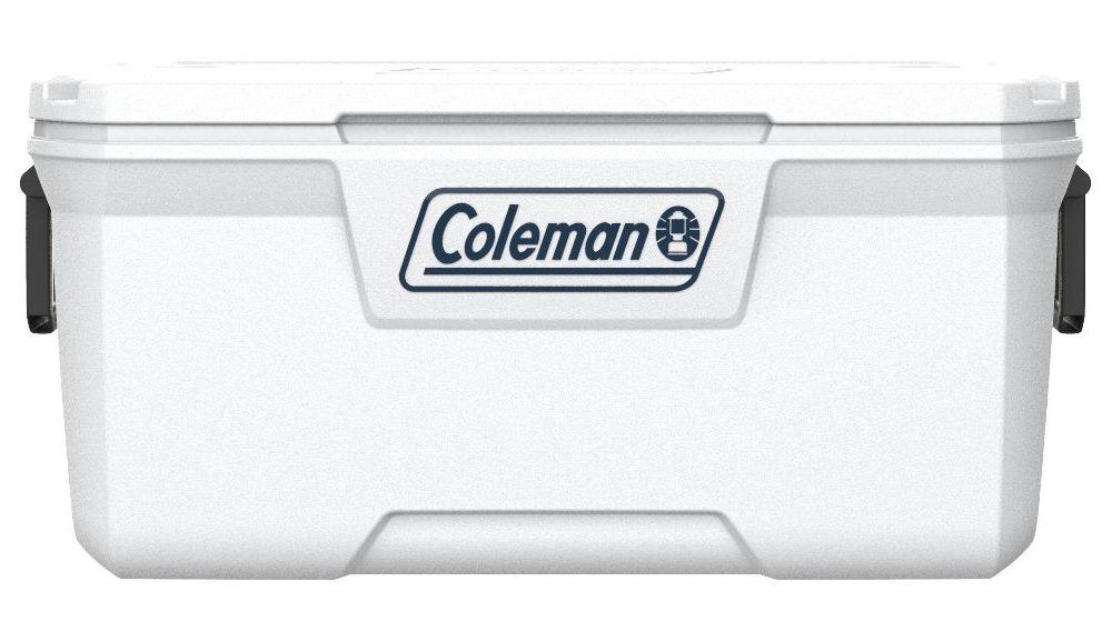 White Coleman cooler with a hinged lid, black side handles, and a blue Coleman logo on the front.