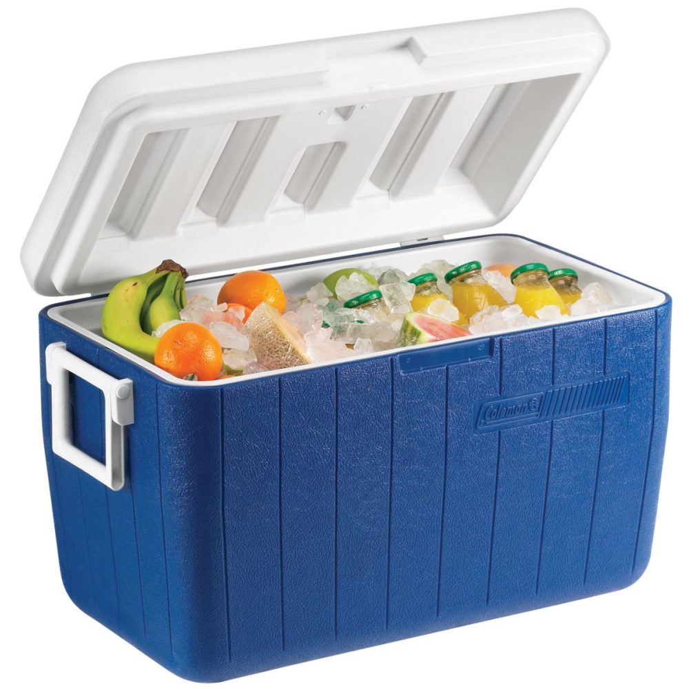 Open blue Coleman cooler filled with ice, fruit (oranges, banana) and small bottled drinks ready for a picnic.