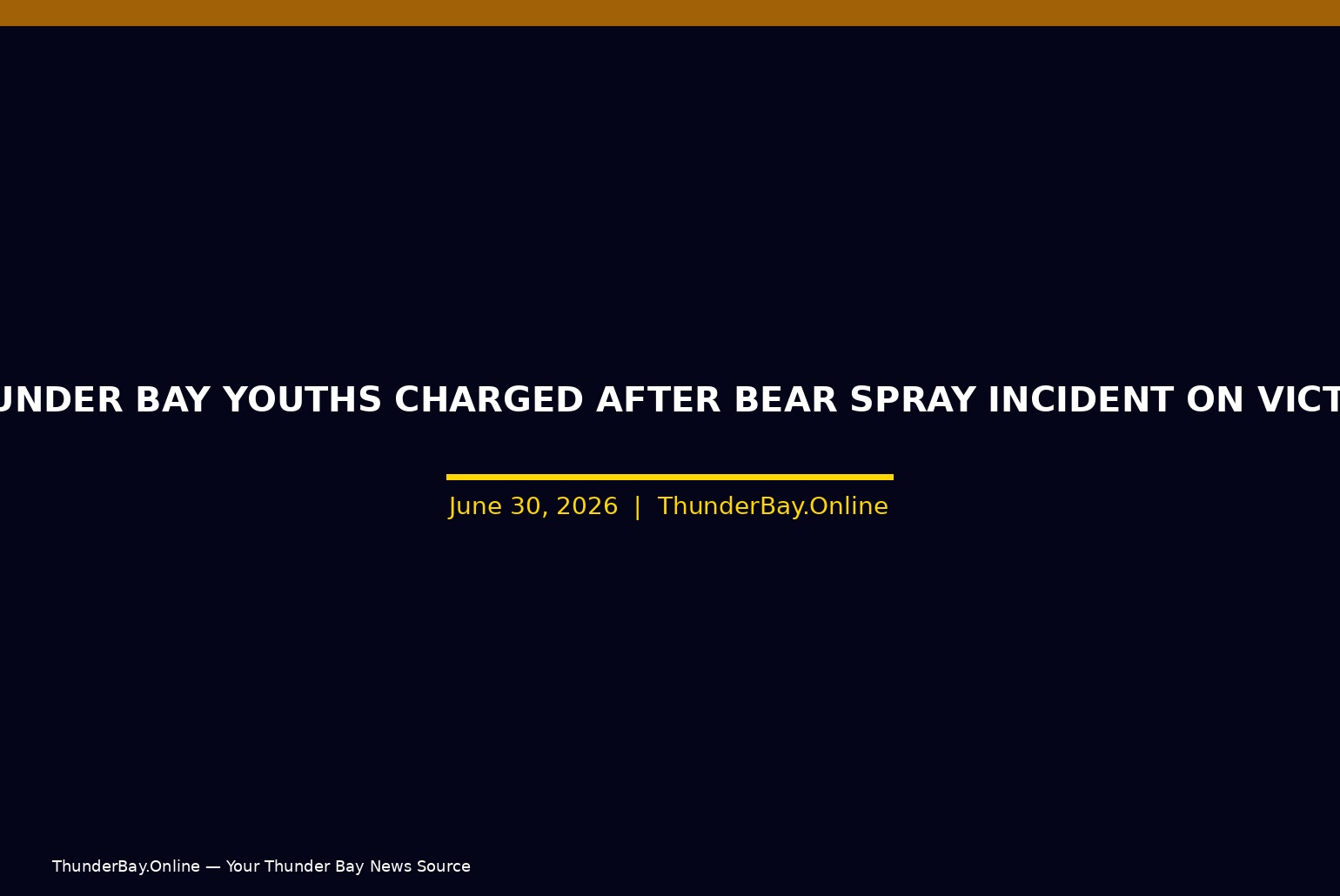 News banner with the headline 'Thunder Bay youths charged after bear spray incident' and the date June 30, 2026 (ThunderBay.Online).