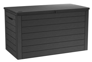 Keter All-Weather Wood-Look Resin Outdoor Storage Deck Box with Seat, Grey, 575-L/150-Gal