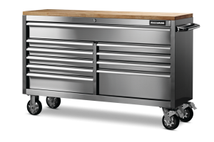 MAXIMUM Butcher Block Top Rolling Tool Storage Cabinet with 10 Drawers, Stainless Steel, 56-in